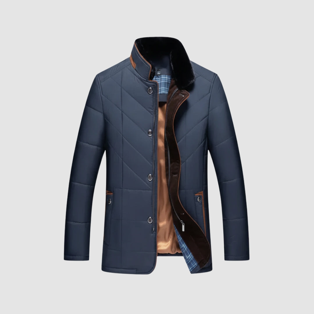 Giacca trapuntata marrone con collo in velluto