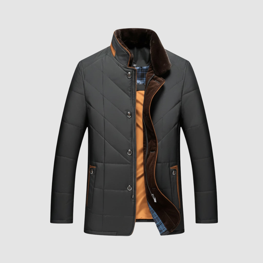 Giacca trapuntata marrone con collo in velluto