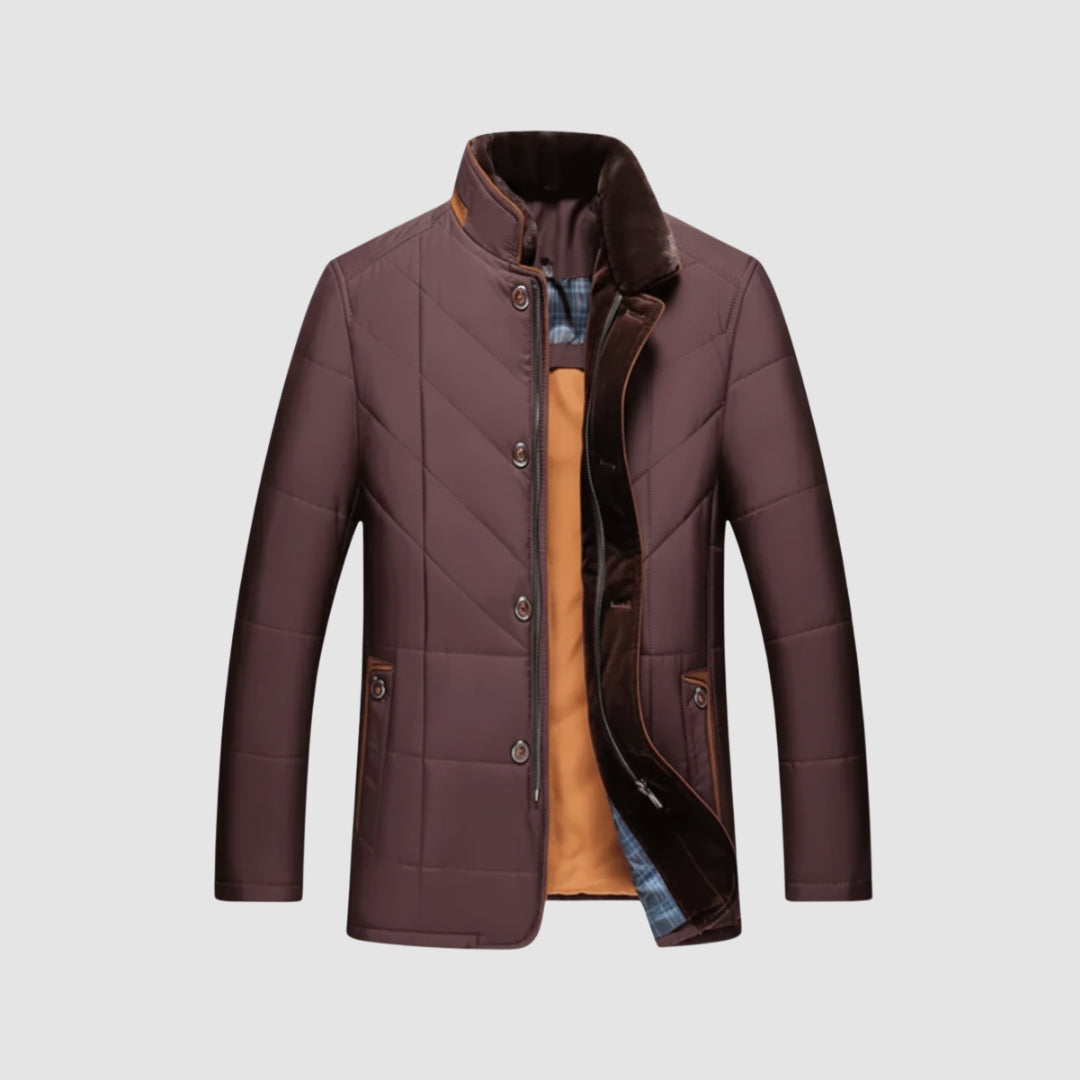 Giacca trapuntata marrone con collo in velluto