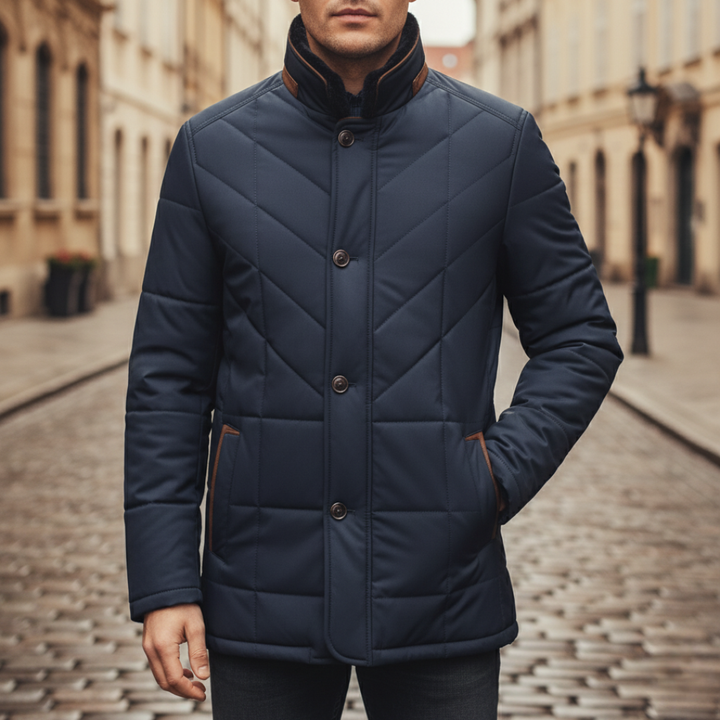 Giacca trapuntata marrone con collo in velluto