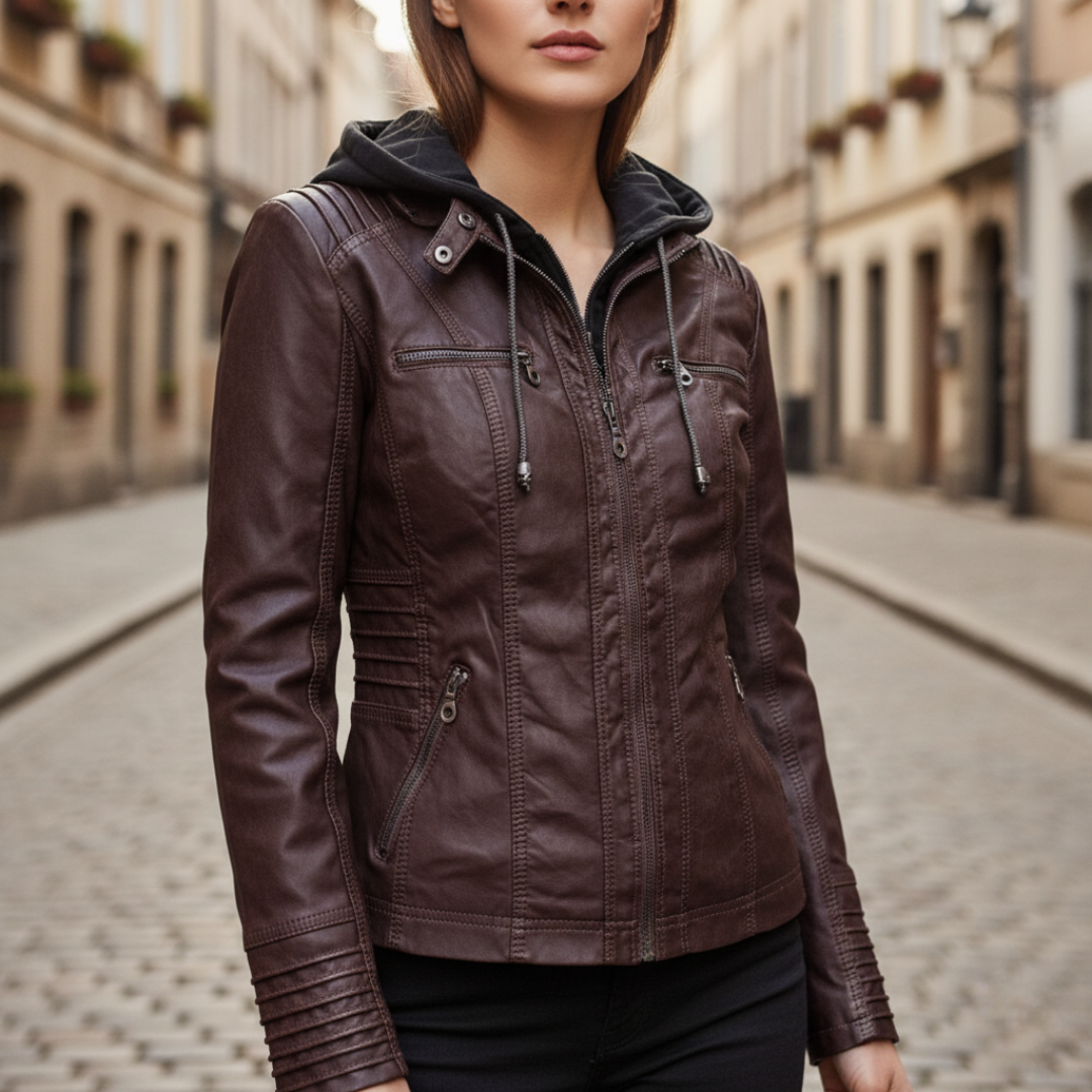 Giacca in pelle con cappuccio per donna