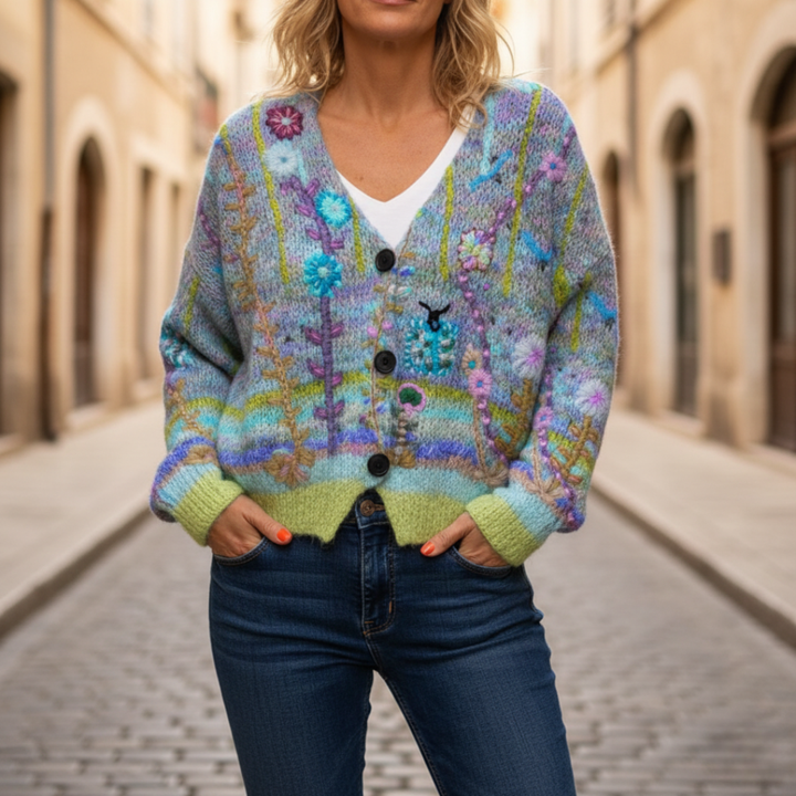 Donna Cardigan Maglia Ricamo Floreale