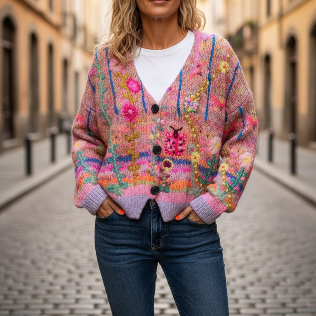 Donna Cardigan Maglia Ricamo Floreale