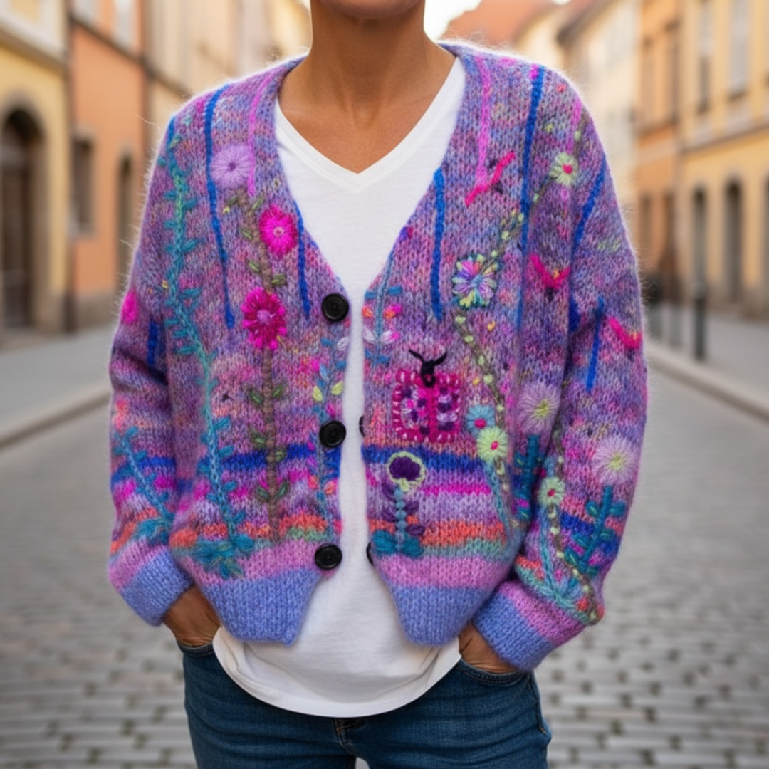 Donna Cardigan Maglia Ricamo Floreale