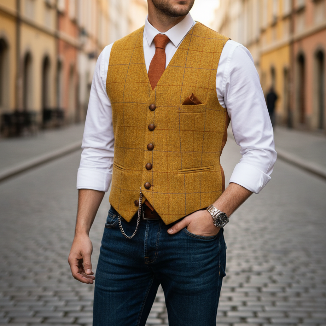 Uomo Gilet Monopetto Quadri Elegante